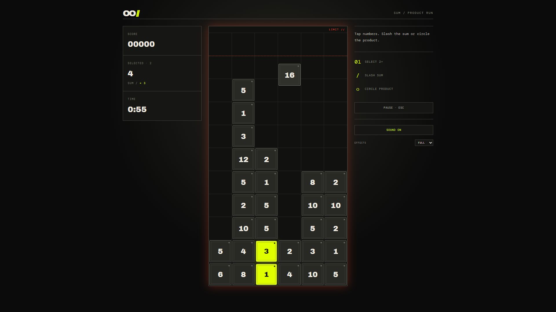 OO// gameplay showing falling number blocks, selected operands and a six-column portrait board